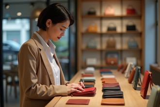 Femme compare des portefeuilles en boutique élégante