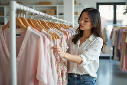 Femme en boutique affordable examinant une robe WANABEE sur un portant vêtements