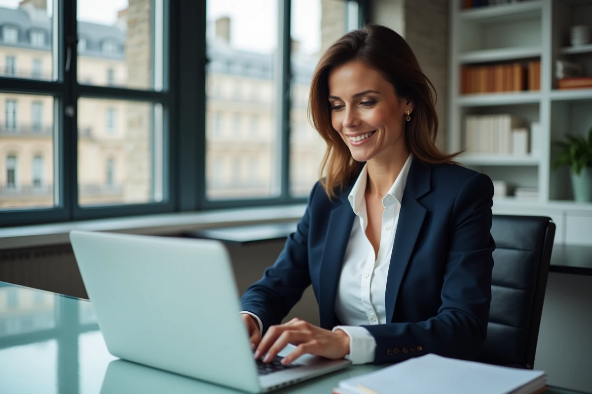 Femme confiante au bureau avec vue sur Paris