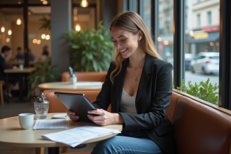 Femme confiante au café avec tablette et documents