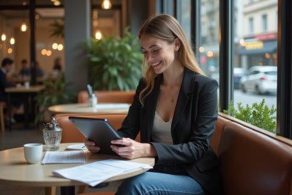 Femme confiante au café avec tablette et documents