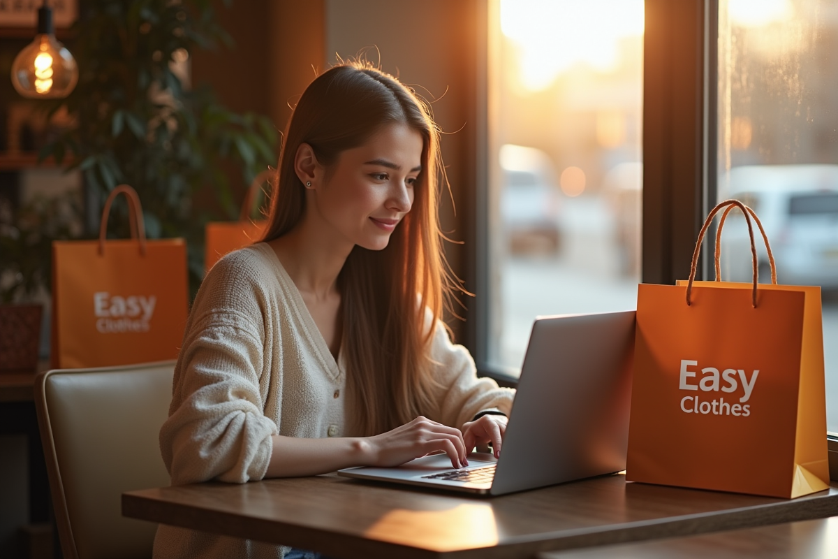 Jeune femme au café naviguant sur le site Easy Clothes avec sacs