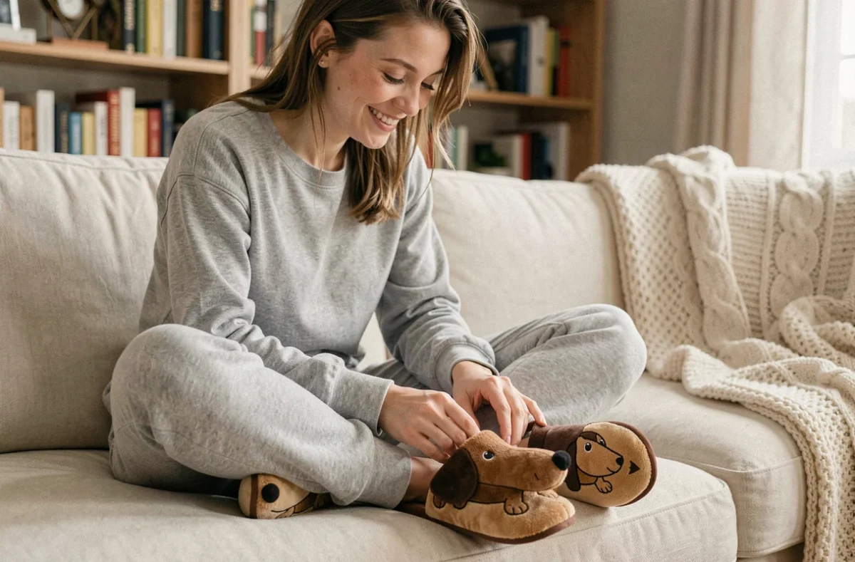 Femme portant des chaussons teckel originaux assise sur un canapé crème avec un sourire amusé