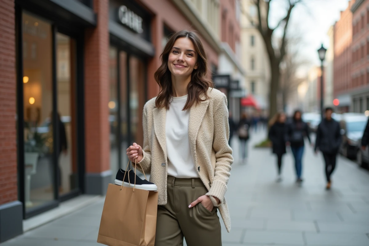 Femme tenant des chaussures larges dans une rue urbaine
