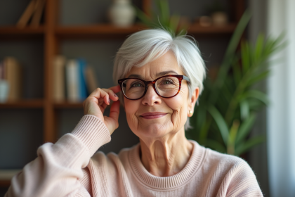 Portrait d'une femme chic de 60 ans souriante en intérieur