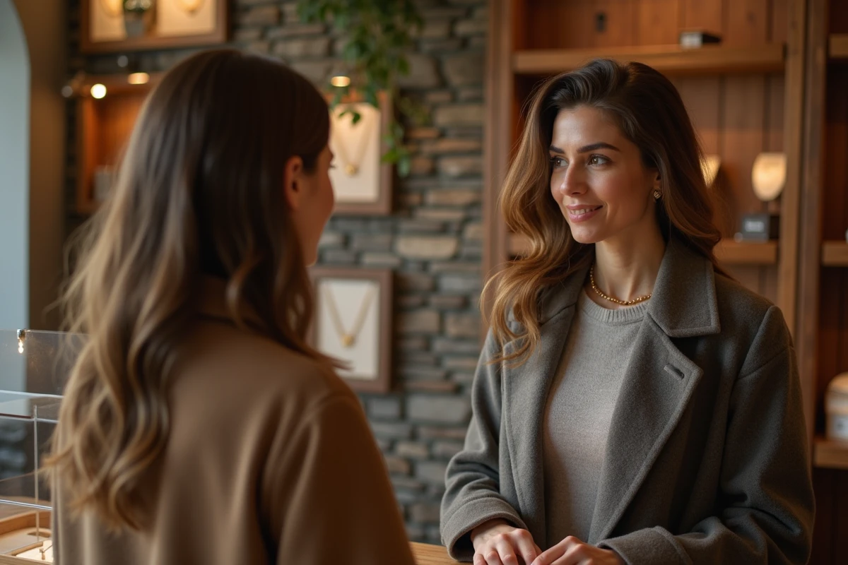 Femme discutant avec une bijoutière dans une boutique chaleureuse