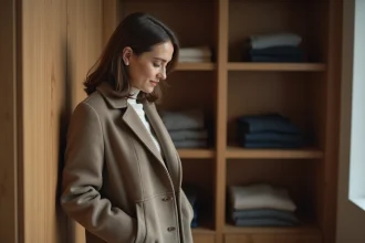 Femme en manteau en laine examine une poche cousue