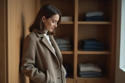 Femme en manteau en laine examine une poche cousue