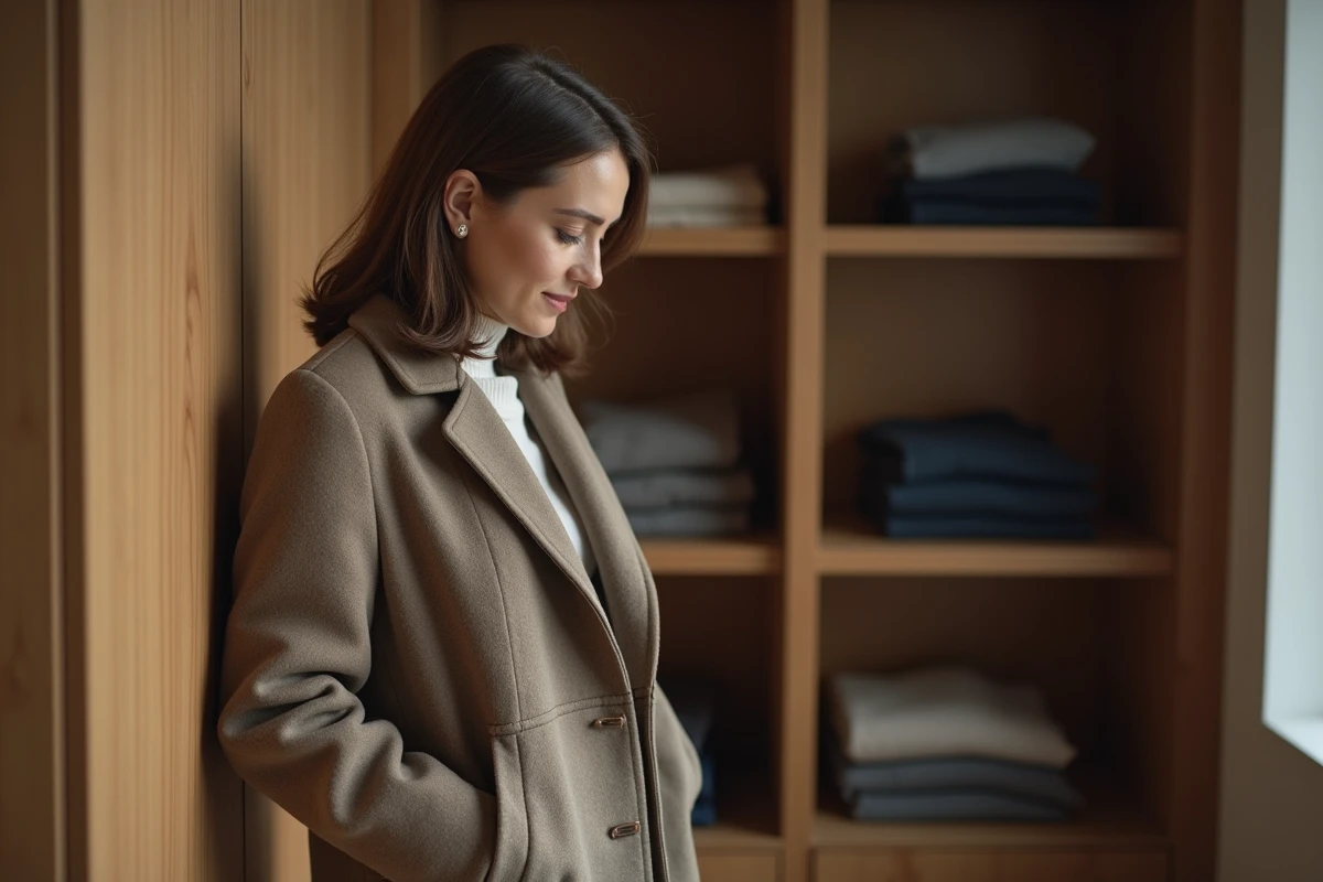 Femme en manteau en laine examine une poche cousue