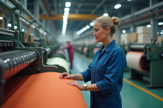 Femme inspectant des rouleaux de tissu dans une usine textile
