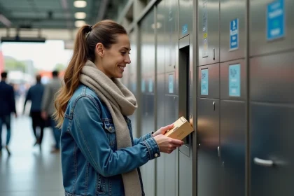 Femme d&eacute;pose un colis dans un locker Vinted en ext&eacute;rieur
