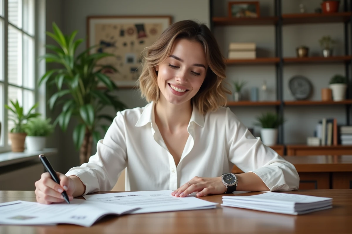 Jeune femme vérifiant un document avec sa montre à la maison