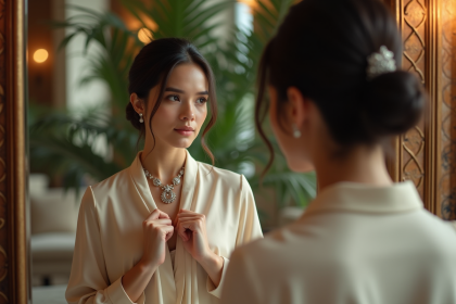 Femme &eacute;l&eacute;gante regardant son reflet dans un miroir luxueux