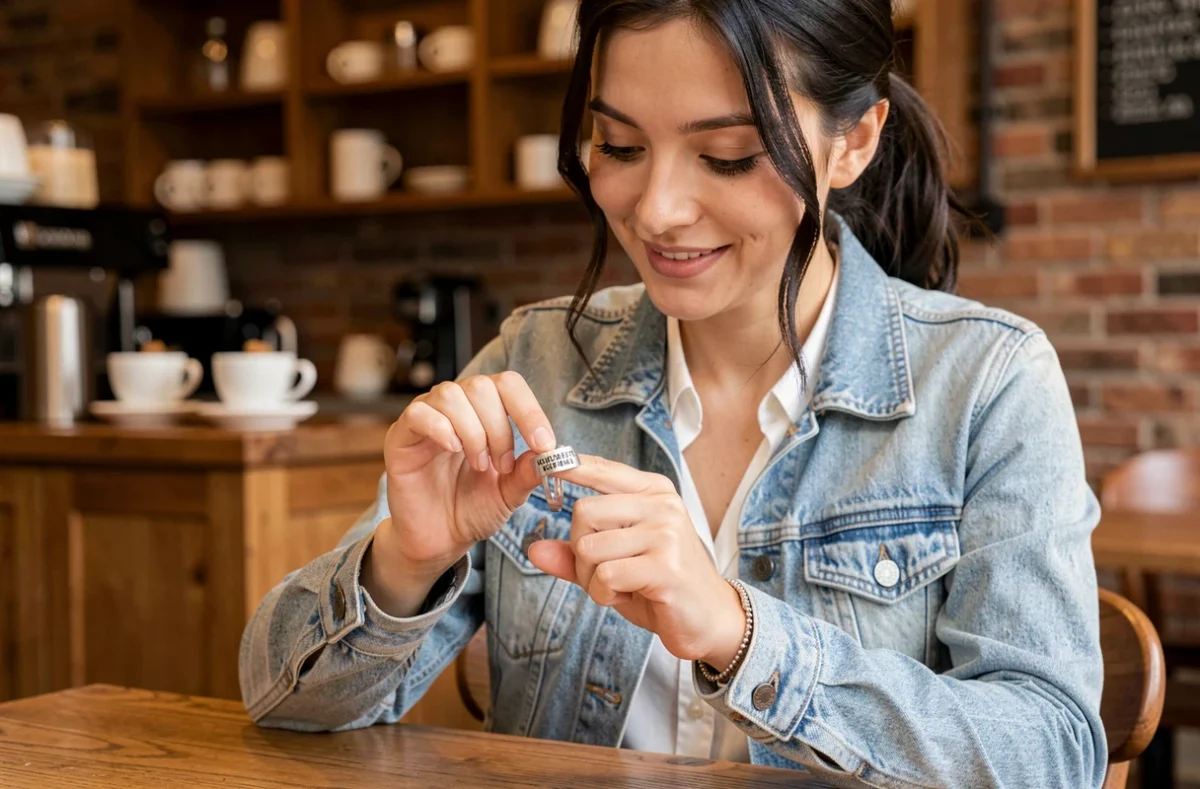Femme tenant une gourmette argentée gravée dans un café, examinant le message personnalisé avec un sourire