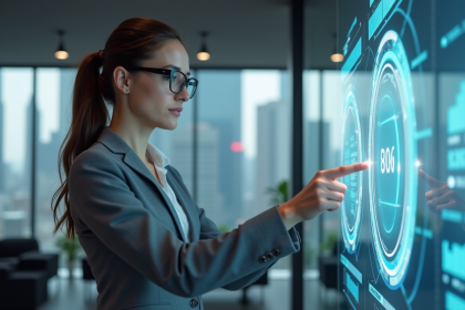 Femme professionnelle en suit gris examine une interface holographique