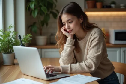 Jeune femme v&eacute;rifiant sa commande sur son ordinateur dans la cuisine