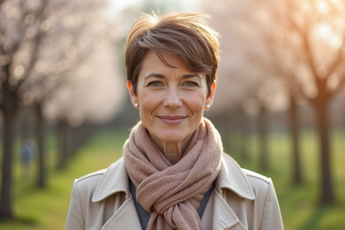 Femme élégante avec coupe pixie dans un décor printanier