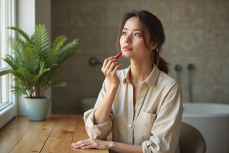 Jeune femme appliquant du lipstick dans une salle de bain écologique