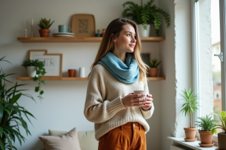 Jeune femme dans un salon moderne regardant par la fenêtre