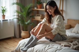 Jeune femme souriante en train de mettre des chaussettes
