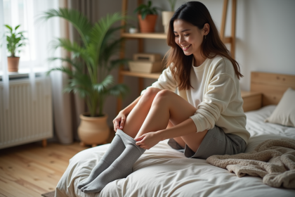 Jeune femme souriante en train de mettre des chaussettes