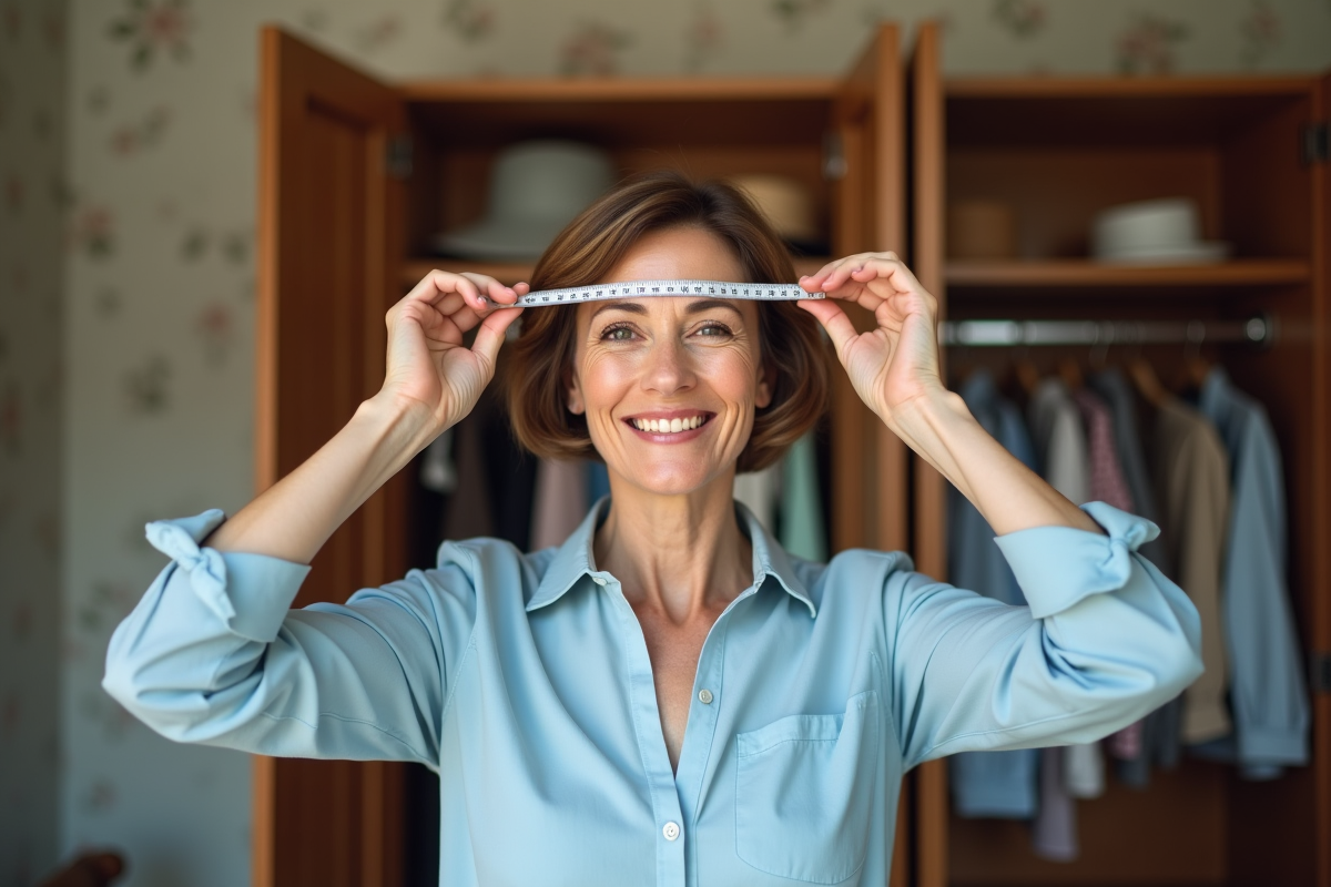Femme d'âge moyen avec mètre ruban sur le front