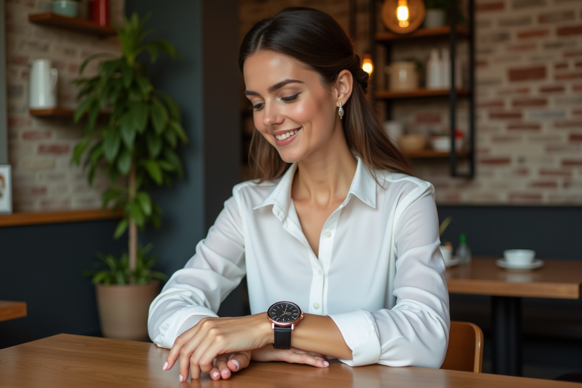 Femme élégante portant une montre au café