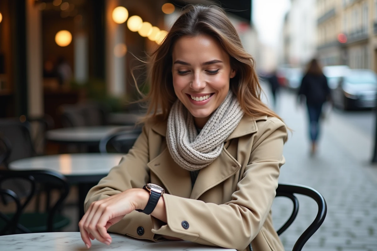Femme souriante vérifiant une montre en extérieur en ville