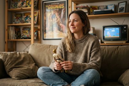 Femme nostalgique tenant une figurine de héros de son enfance dans un salon rétro chaleureux