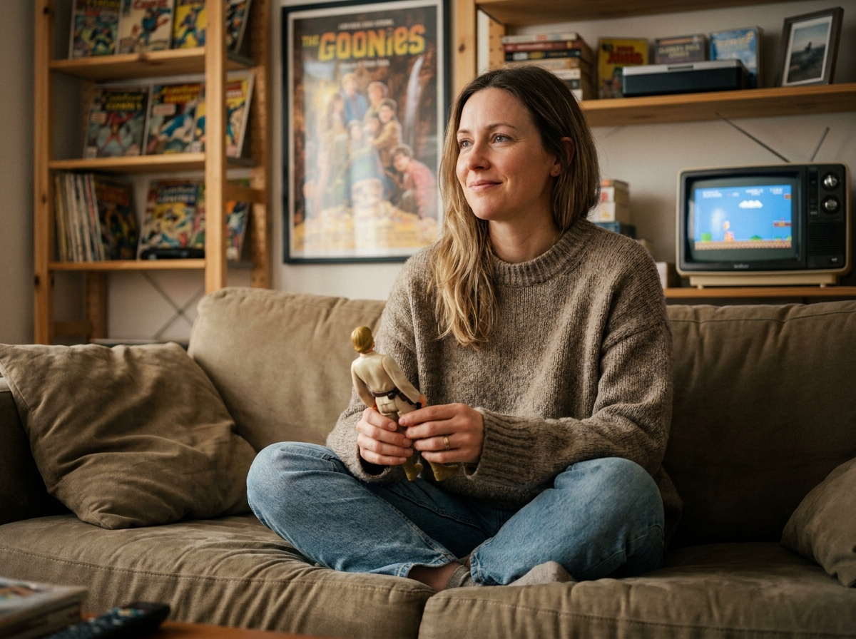 Femme nostalgique tenant une figurine de héros de son enfance dans un salon rétro chaleureux