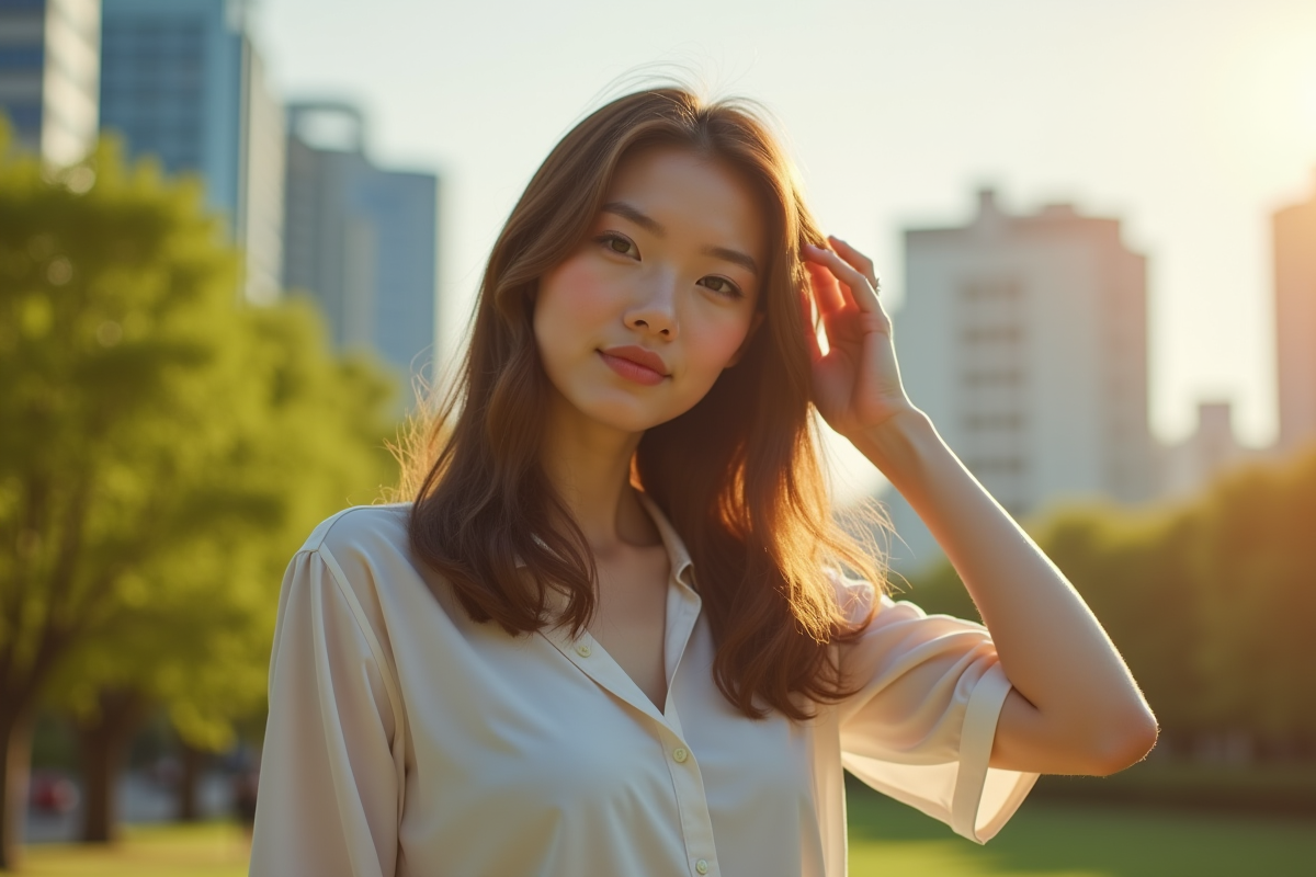 Jeune femme dans un parc urbain au soleil avec cheveux mi-longs
