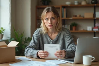 Femme méfiante examinant un produit de marque inconnue entouré de reçus et boîtes ouvertes sur un bureau encombré