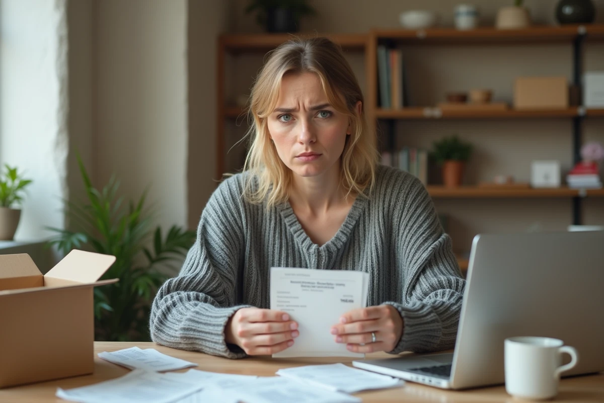 Femme méfiante examinant un produit de marque inconnue entouré de reçus et boîtes ouvertes sur un bureau encombré