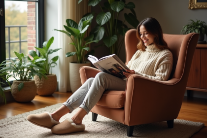 Femme détendue en automne dans un salon moderne