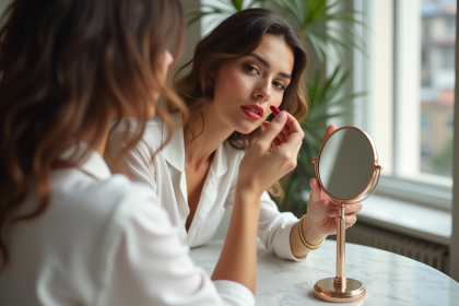 Femme appliquant du rouge à lèvres dans un miroir