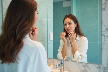Femme appliquant rouge à lèvres devant miroir moderne