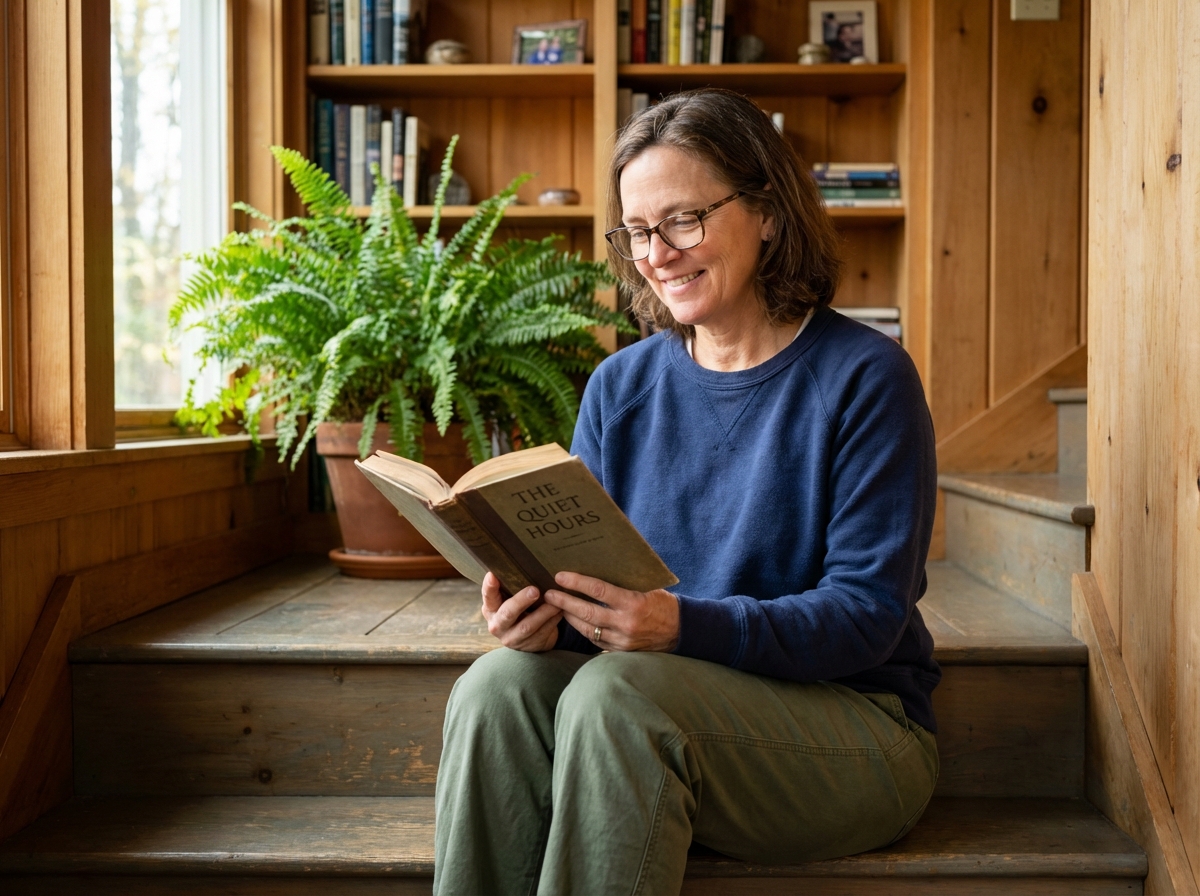 Femme assise avec sweat bleu dans un intérieur chaleureux