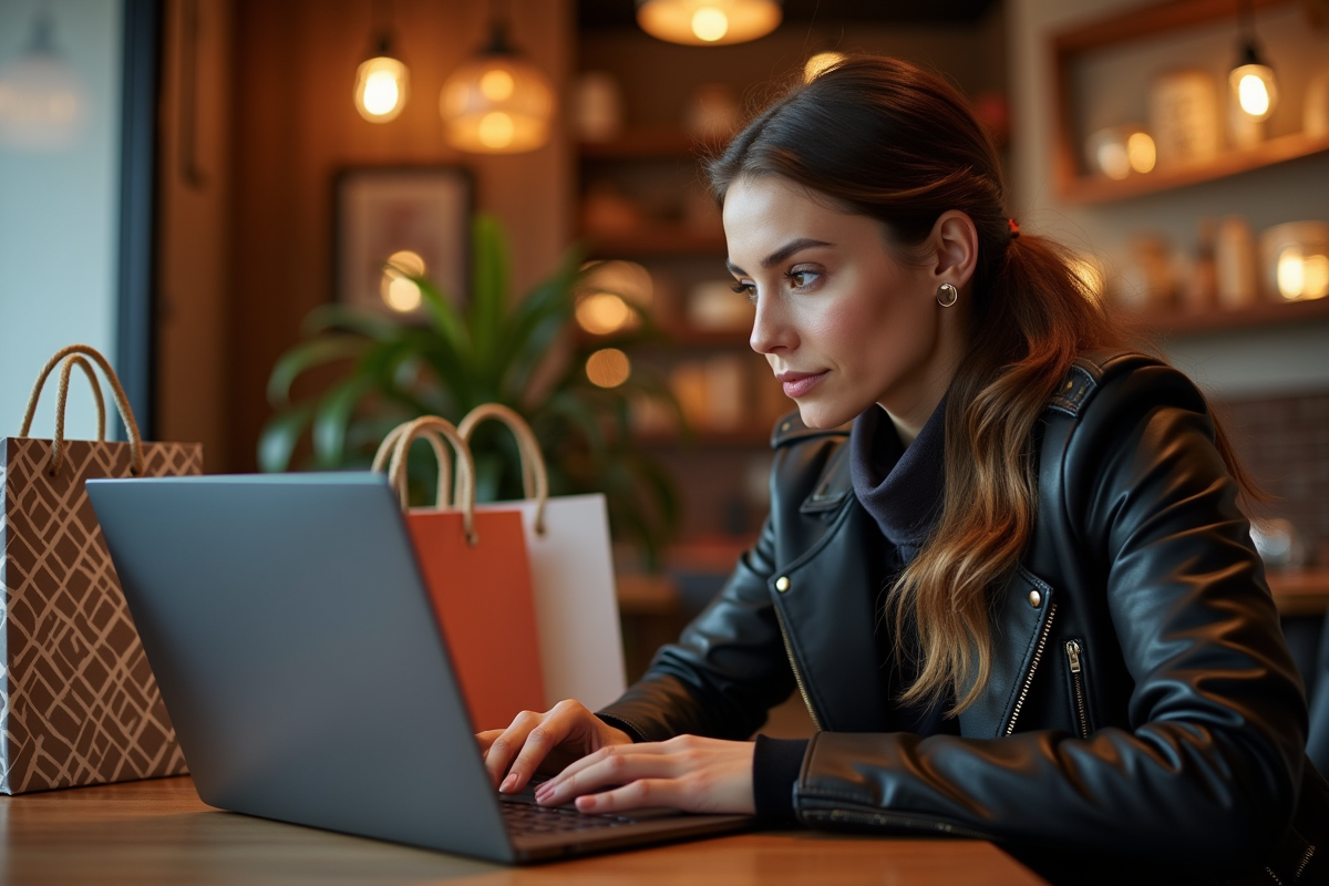 Jeune femme naviguant sur Zalando Privé dans un café chaleureux