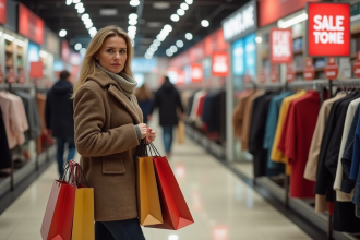 Femme hésitante avec sacs de shopping en hiver