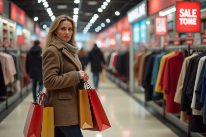 Femme hésitante avec sacs de shopping en hiver