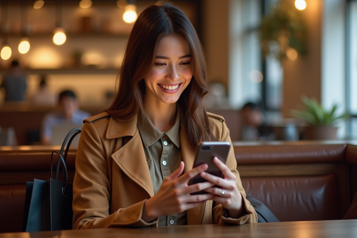 Jeune femme souriante utilisant une application de mode sur son smartphone