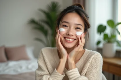 Femme appliquant une creme visage dans un cadre naturel