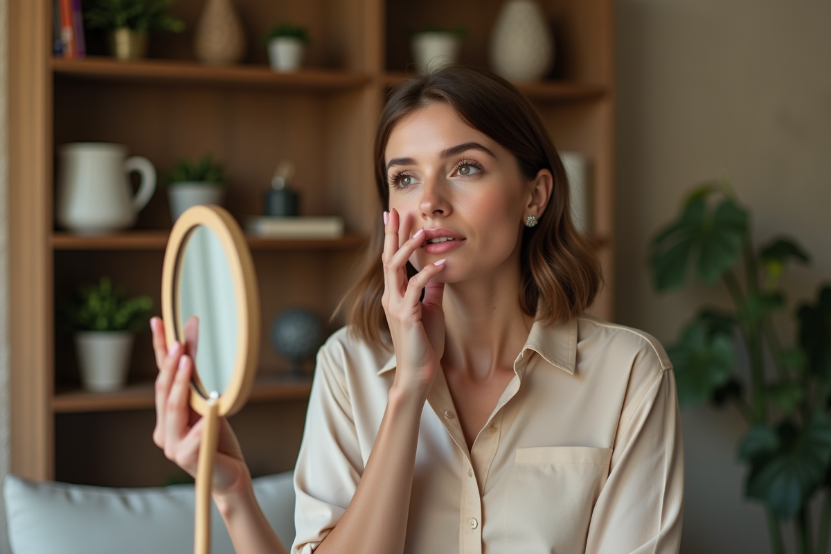 Femme se regardant dans un miroir dans un salon cosy