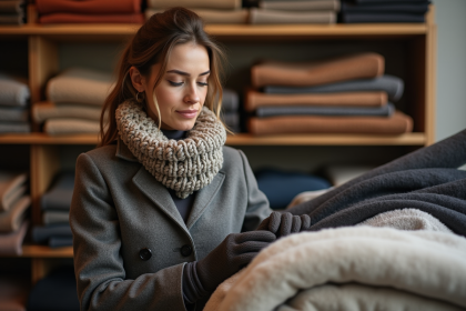 Femme touchant un tissu en flanelle dans une boutique textile