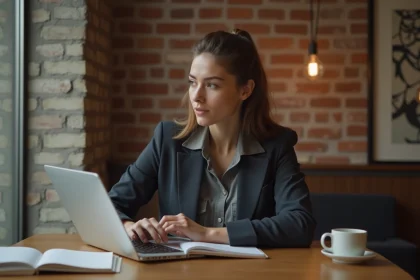 Jeune femme en blazer au café travaillant sur son ordinateur