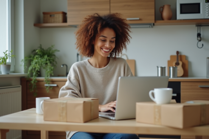 Femme travaillant sur son ordinateur avec des colis à côté