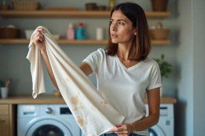 Femme examinant un tissu polyester tach&eacute; dans la buanderie