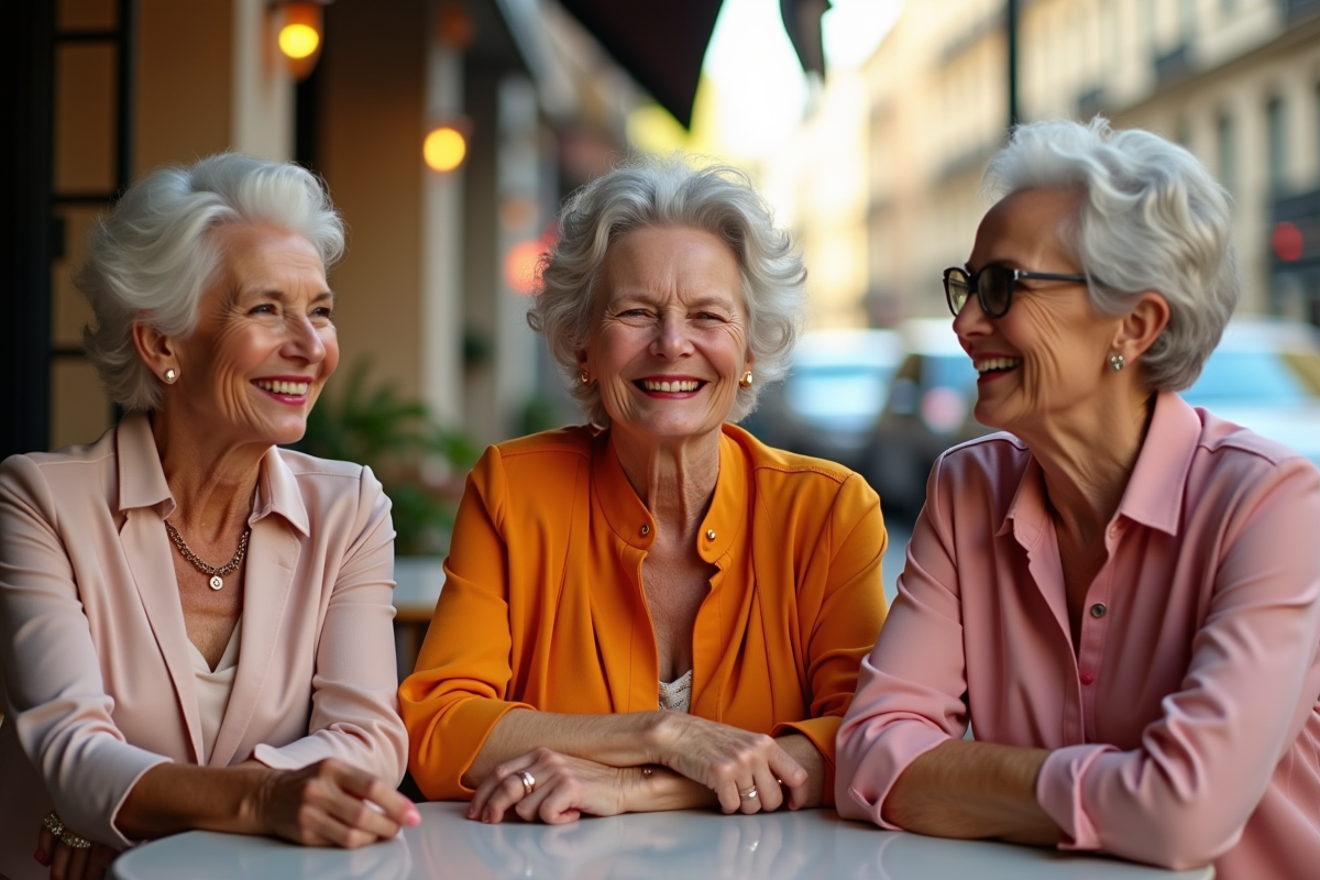 Trois femmes de plus de 50 ans riant au café avec du lipstick