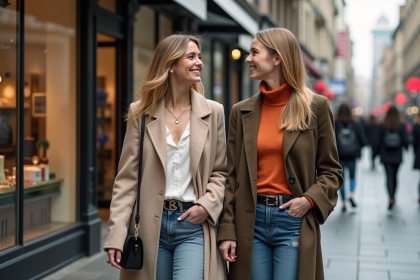 Deux femmes en mode défilant dans une rue urbaine animée