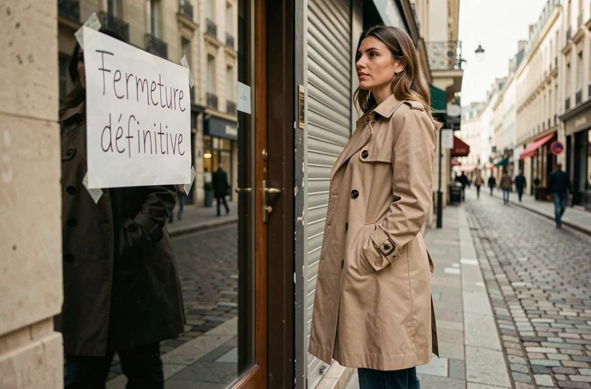 Femme devant une boutique Zara fermée en centre-ville avec pancarte de fermeture définitive